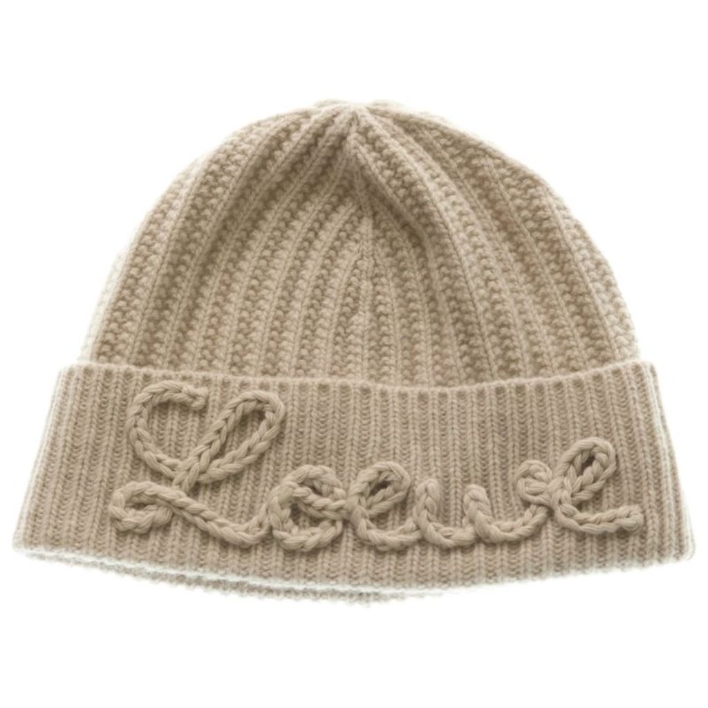 Loewe Logo Embroidered Wool Knit Cap Beige
